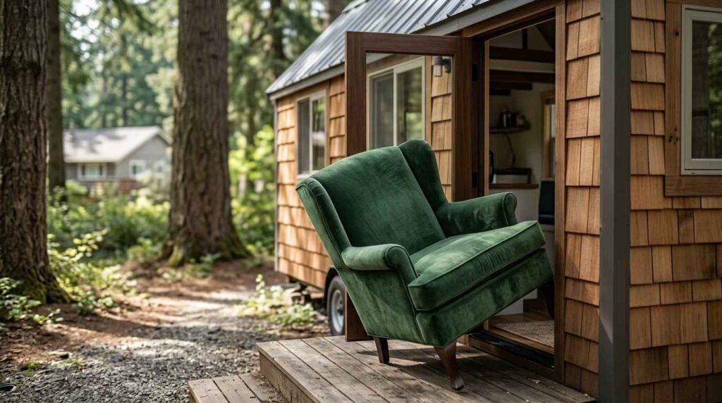 Green armchair being moved into a tiny house surrounded by trees.