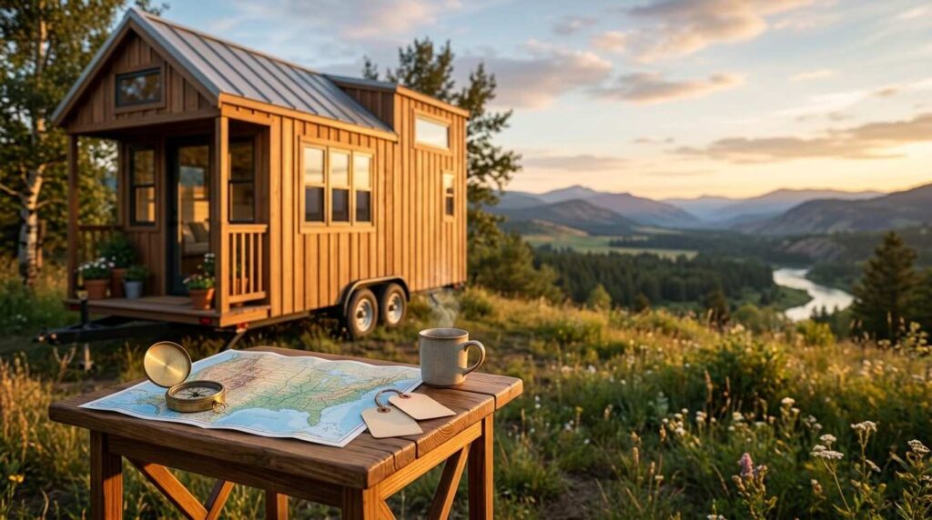Tiny house on wheels overlooking a mountain valley, with a map and compass on a nearby table.