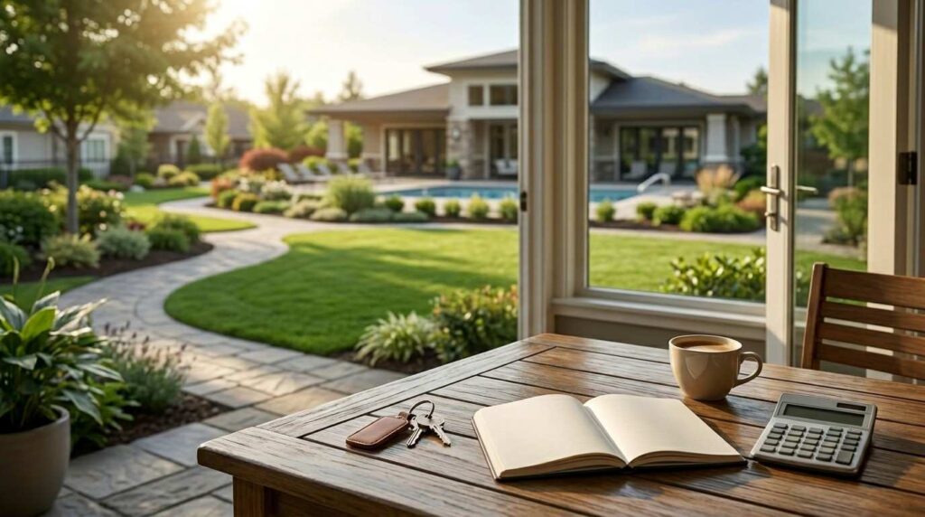 Open notebook, keys, and calculator on a table overlooking a landscaped backyard and luxury home.