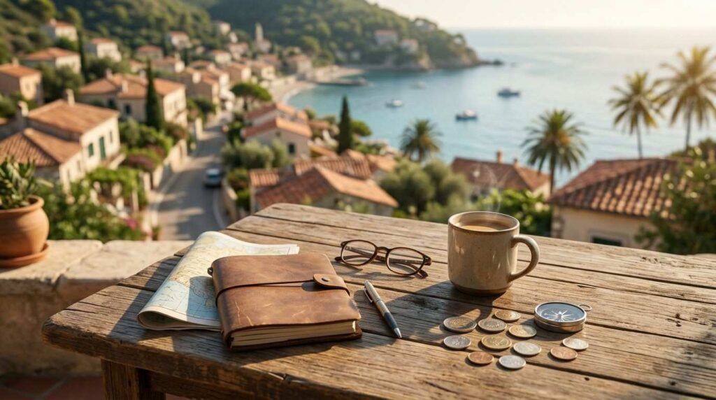 Travel journal, map, coins, and coffee on a table overlooking a coastal village and bay.