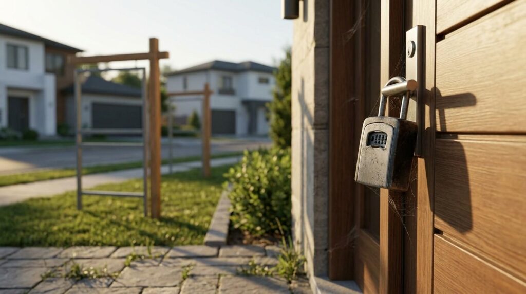 Locked front door with a real estate sign frame in front of an unsold suburban home.
