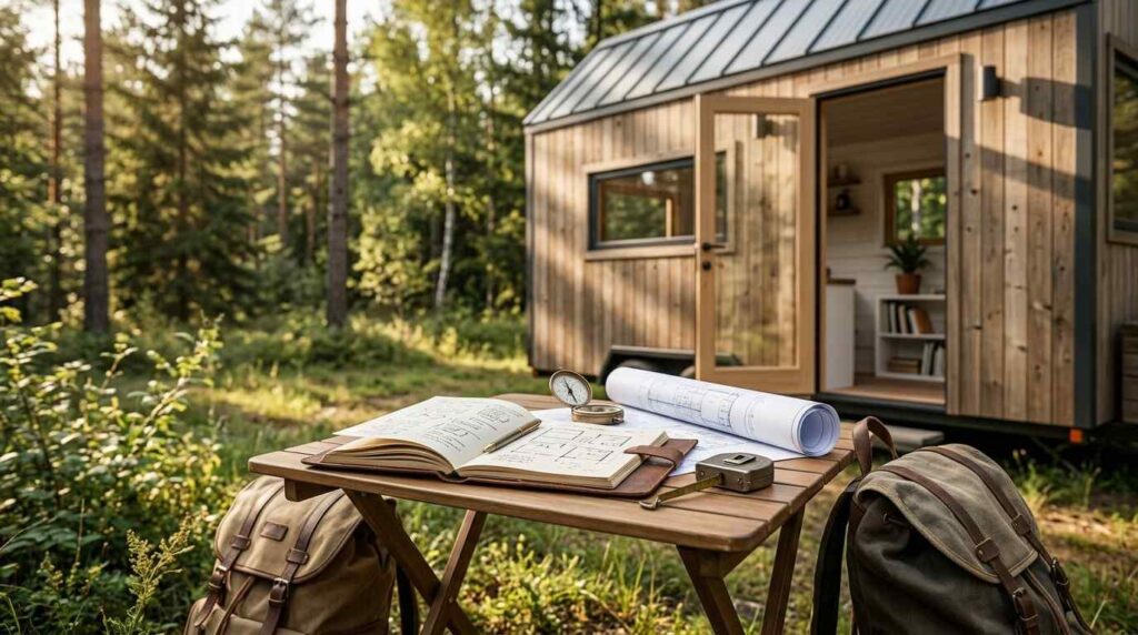 Tiny house in a forest clearing with blueprints, notebook, and tools on an outdoor planning table.