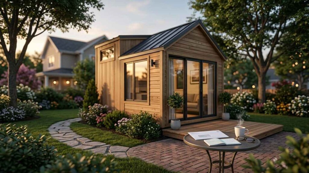 Cozy tiny home in a landscaped backyard with a patio table, notebook, and coffee at sunset.