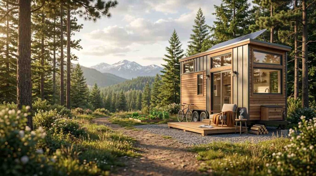 Tiny house with a deck in a forest clearing, surrounded by wildflowers and mountain views.