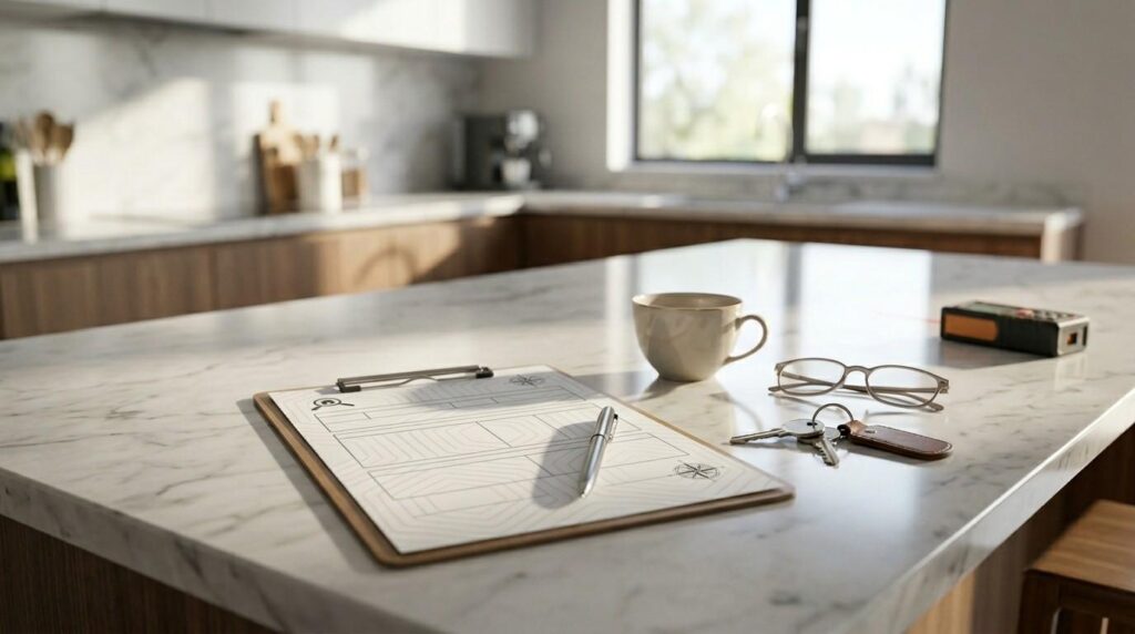 Clipboard, keys, glasses, and coffee on a kitchen island during a home appraisal.
