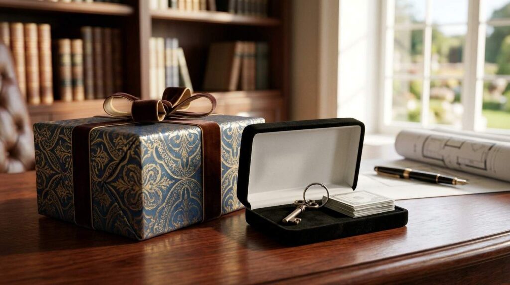 Gift box, house keys, and cash on a desk, symbolizing a real estate closing gift.