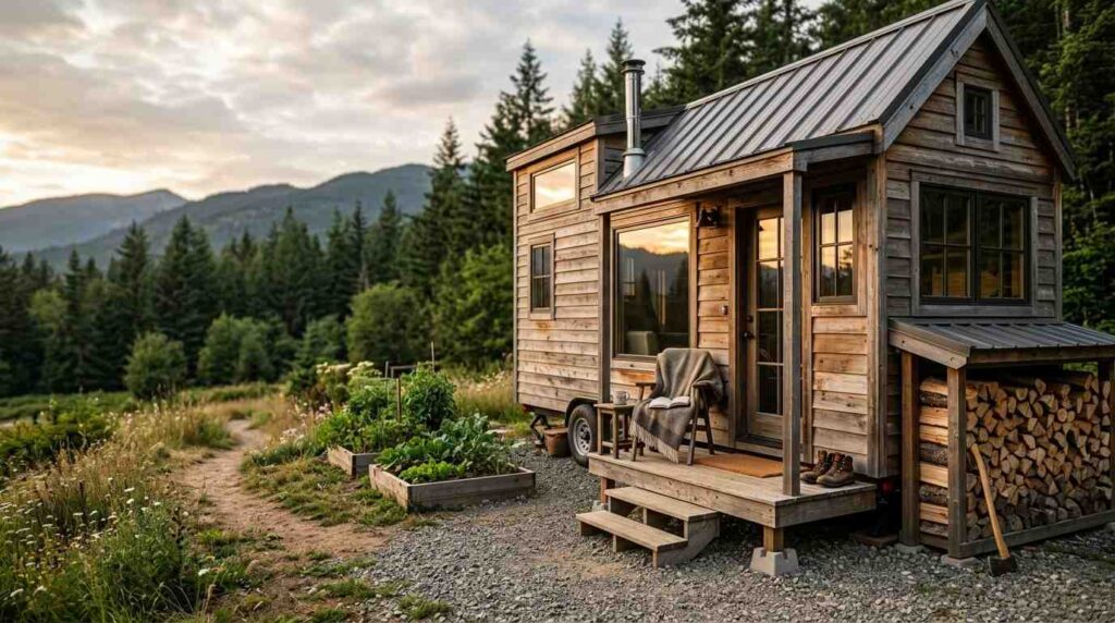 Rustic tiny house with a garden and wood storage, set in a mountain landscape at sunset.