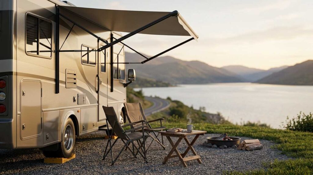 RV campsite overlooking a lake, with outdoor chairs, a fire pit, and mountain views at sunset.