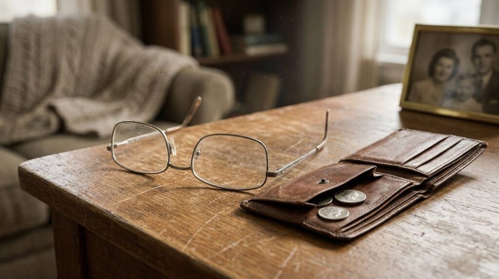 Eyeglasses and a worn wallet with coins on a scratched wooden table, symbolizing retirement financial concerns.
