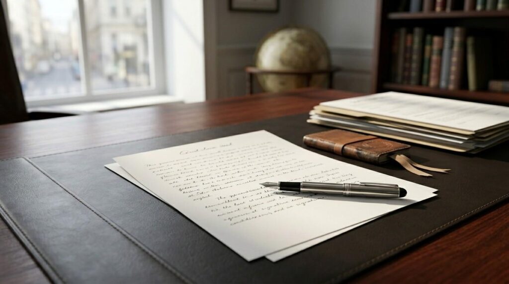 Signed legal document and fountain pen on a desk, symbolizing a property transfer or nominal home sale.