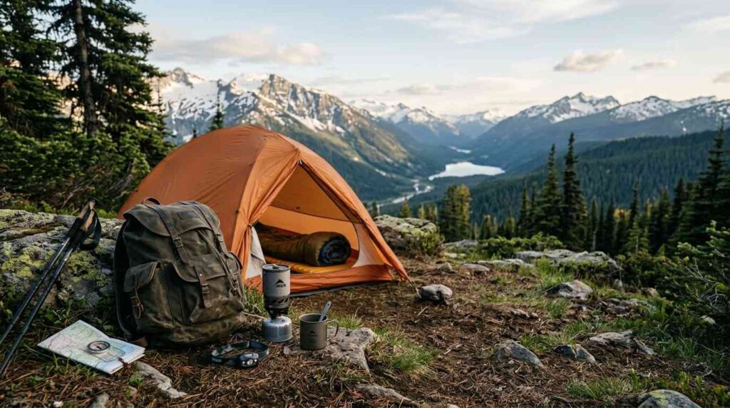 Mountain campsite with a tent, backpack, and hiking gear overlooking a scenic alpine valley.