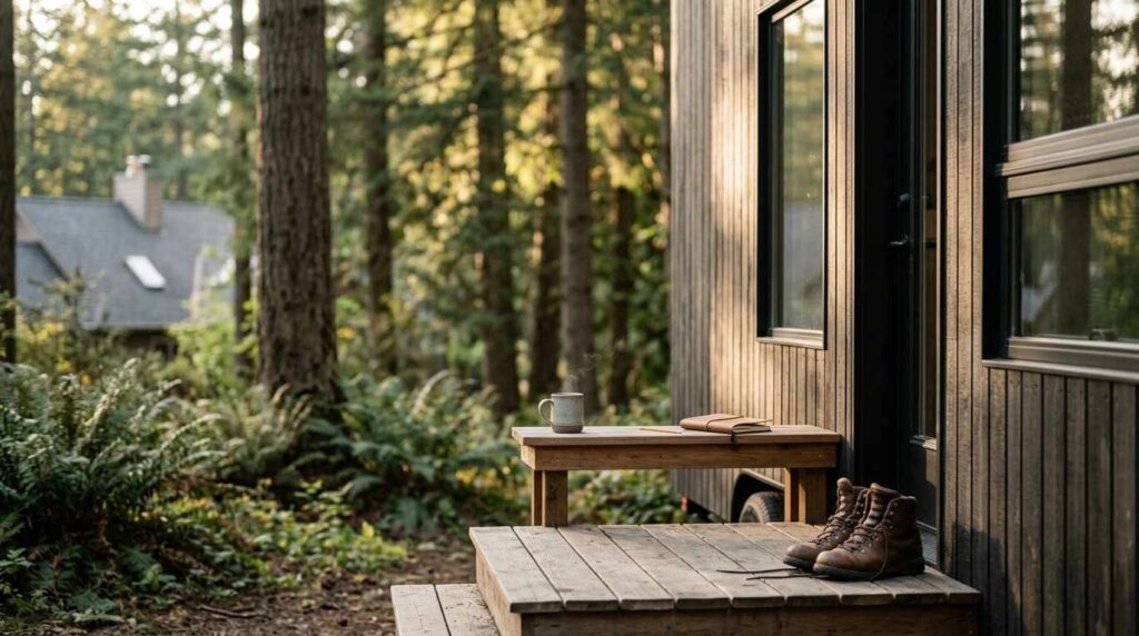 Tiny home porch in a forest setting with hiking boots, a notebook, and a coffee mug.