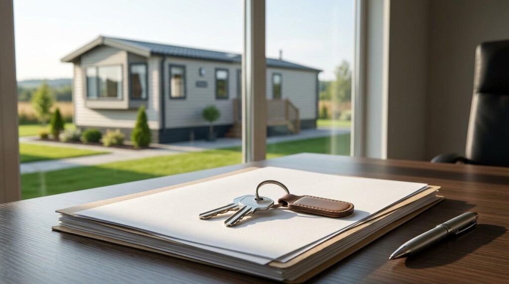 Keys and paperwork on a desk with a mobile home visible through the window.
