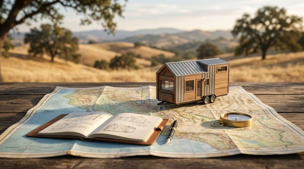Tiny house model on a map with a notebook and compass, set against rolling California hills.