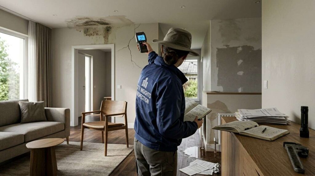 Home inspector using a moisture meter to assess water damage, mold stains, and wall cracks inside a house.
