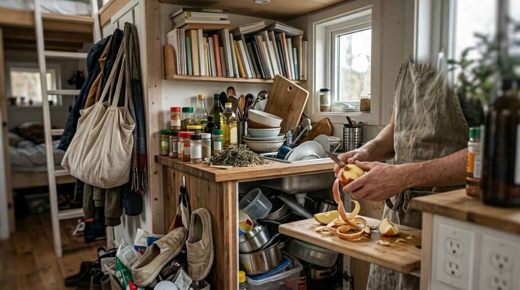 Person preparing food in a cramped tiny-house kitchen with overflowing shelves, cluttered counters, limited storage, and stacked dishes, illustrating space and organization challenges.