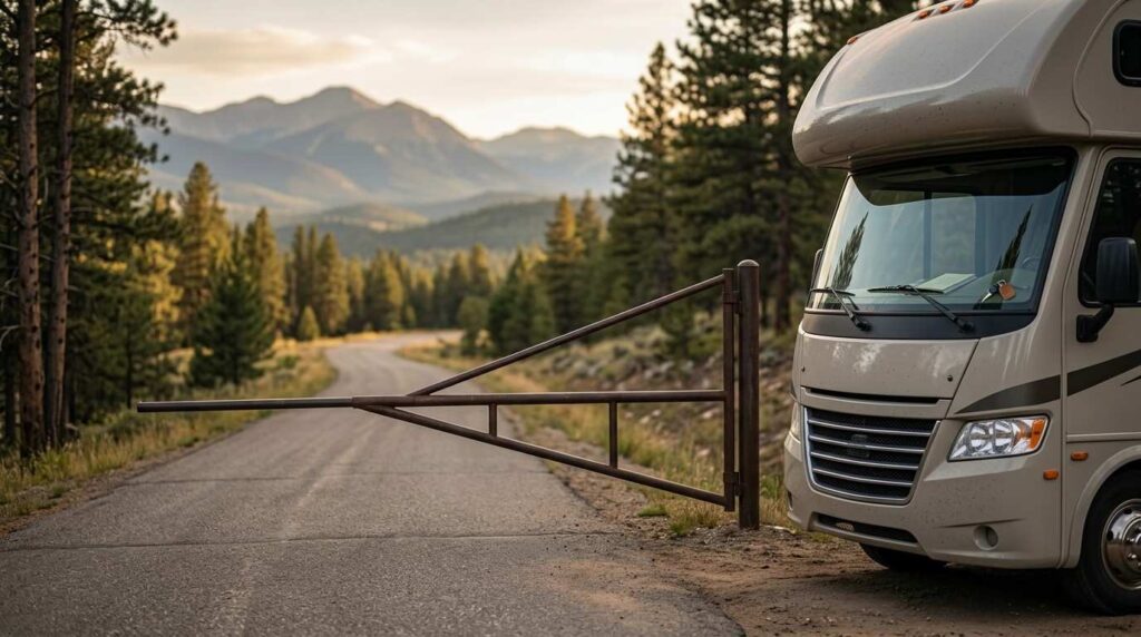 RV parked beside a rural mountain road, blocked by a closed metal gate, symbolizing access restrictions and RV parking limitations.