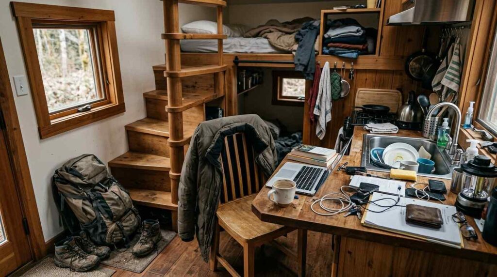Cluttered tiny-house interior with a combined workspace, kitchen, and sleeping loft, showing limited space, crowded storage, and everyday living challenges.
