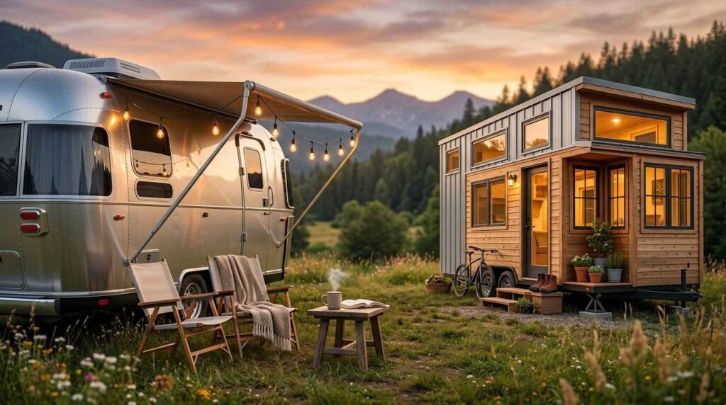 Side-by-side comparison of an RV and a tiny house in a scenic mountain meadow, highlighting two popular small-living lifestyles with outdoor seating and cozy amenities.