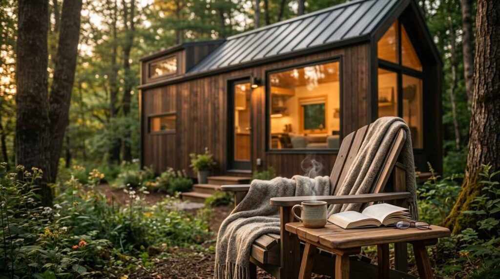 Cozy tiny house nestled in a forest at sunset, with a steaming mug, open book, and blanket on an outdoor chair, conveying a simple, peaceful lifestyle connected to nature.