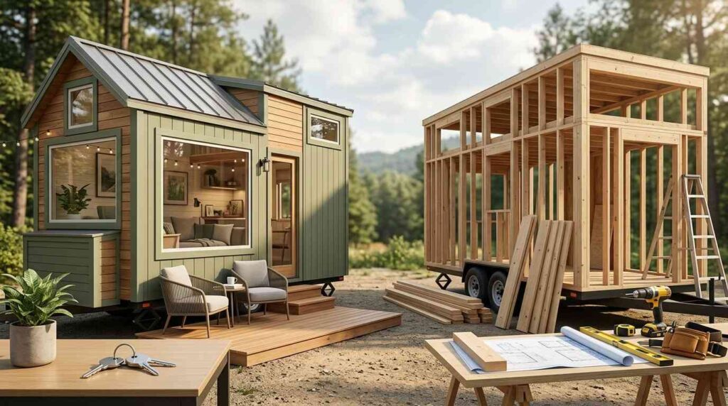 Comparison of a finished tiny home and a tiny home under construction on trailers, illustrating the choice between buying a completed unit and building one from scratch.