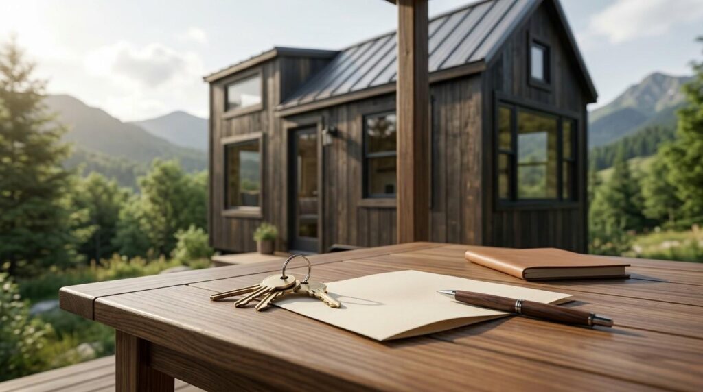 Keys, paperwork, and a pen on an outdoor table in front of a tiny house, symbolizing tiny-home ownership, insurance, and property protection.