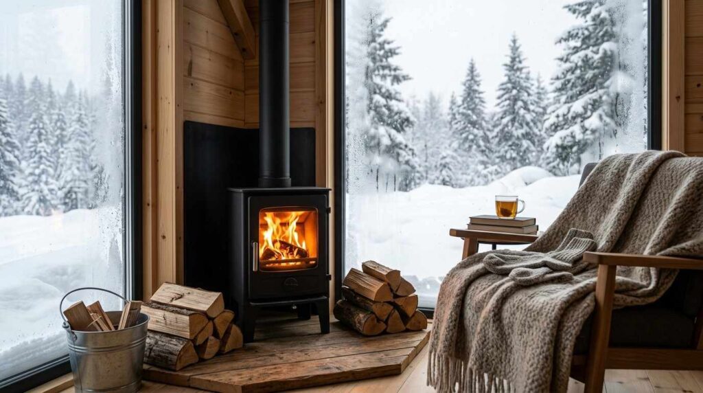 Cozy tiny-home interior in winter with a wood-burning stove, stacked firewood, and a blanket-covered chair beside large windows overlooking a snowy forest, highlighting cold-weather heating and comfort.
