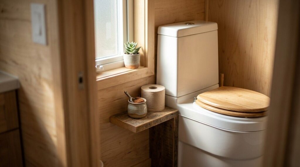 Compact tiny-house bathroom with a toilet, wood finishes, and a small window