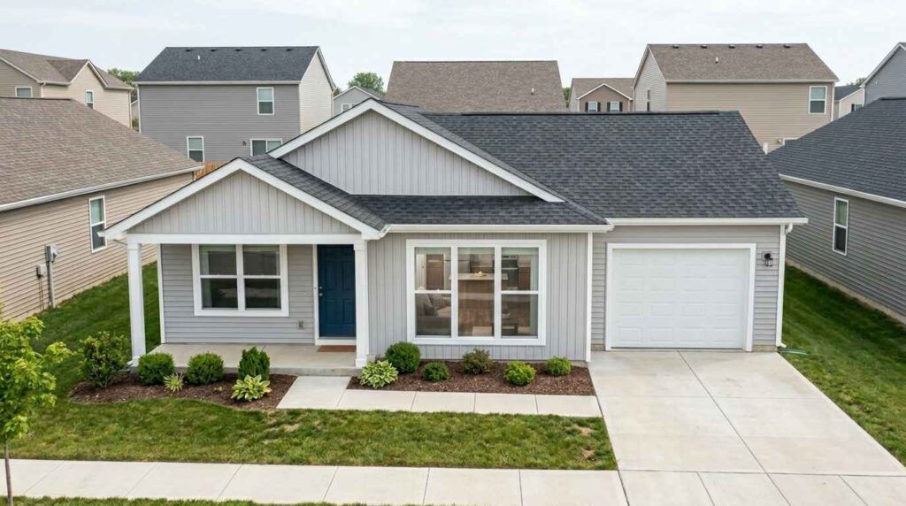 Modest newly built suburban home with practical design, standard finishes, attached garage, and efficient layout, representing the type of house that can realistically be constructed with a $200,000 building budget.