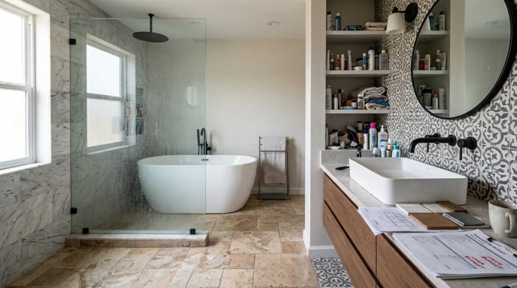 Recently renovated bathroom featuring a freestanding tub, vessel sink, open shelving, dark fixtures, frameless shower, and other popular upgrades that can create maintenance, storage, or functionality issues for homeowners.