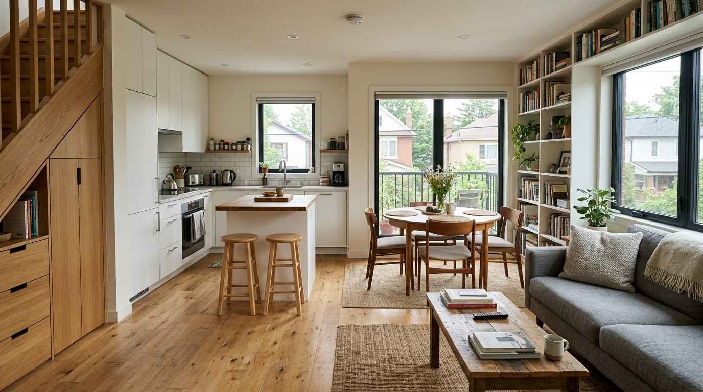 Compact modern home with an efficient open-concept layout, built-in storage, multifunctional spaces, and smart design features that maximize usable living area within a smaller footprint.