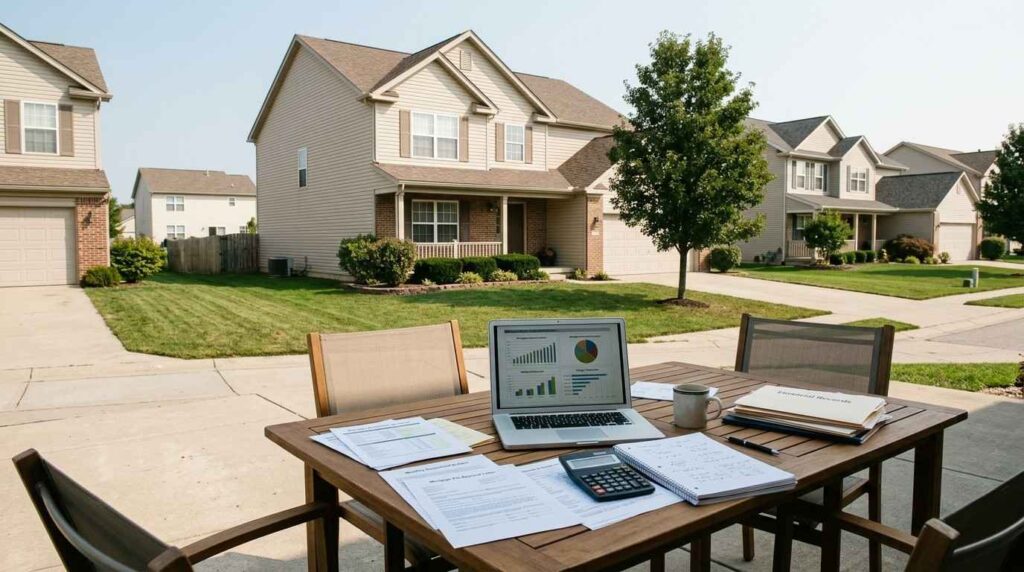 Affordable suburban home with mortgage planning documents, calculator, budgeting materials, and a realistic middle-class neighborhood setting, representing how much house a buyer can afford on a $70,000 salary.