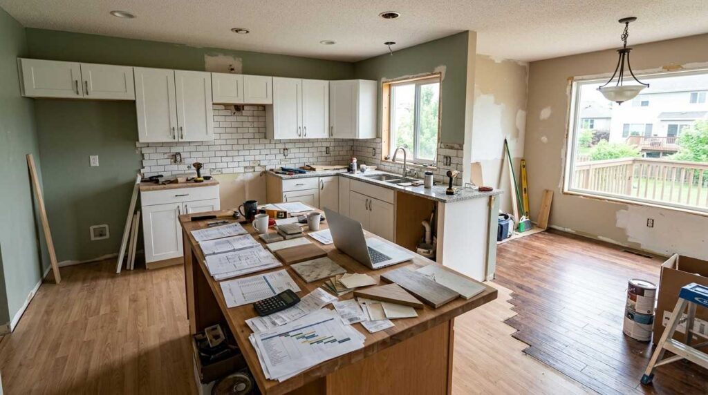 Partially renovated suburban home showing mismatched finishes, cabinet installation issues, tile mistakes, poor lighting, unfinished details, budget planning documents, and common remodeling errors that homeowners often regret.