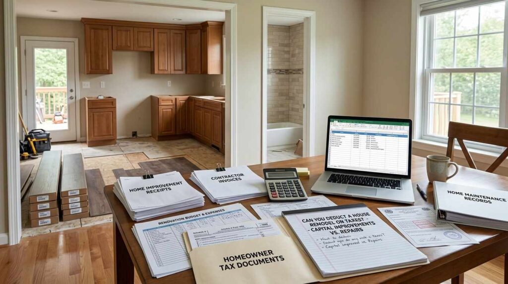 Suburban home undergoing remodeling with renovation receipts, contractor invoices, budgeting documents, and financial records organized on a table, illustrating the tax implications of home improvement projects.