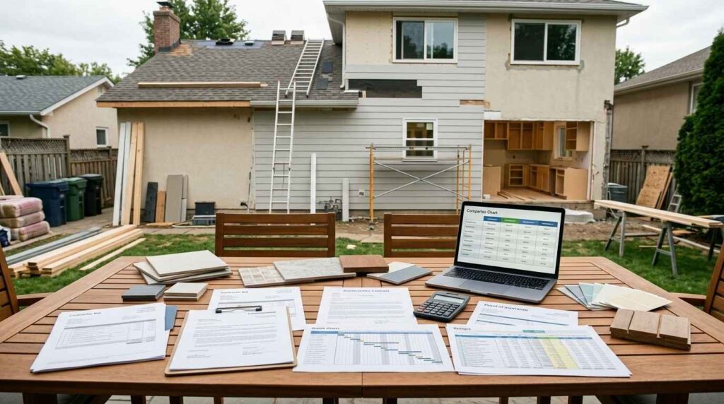 Suburban home renovation project with contractor estimates, contracts, permit paperwork, budgeting documents, and project plans organized for comparison, illustrating how homeowners can avoid being overcharged by contractors.