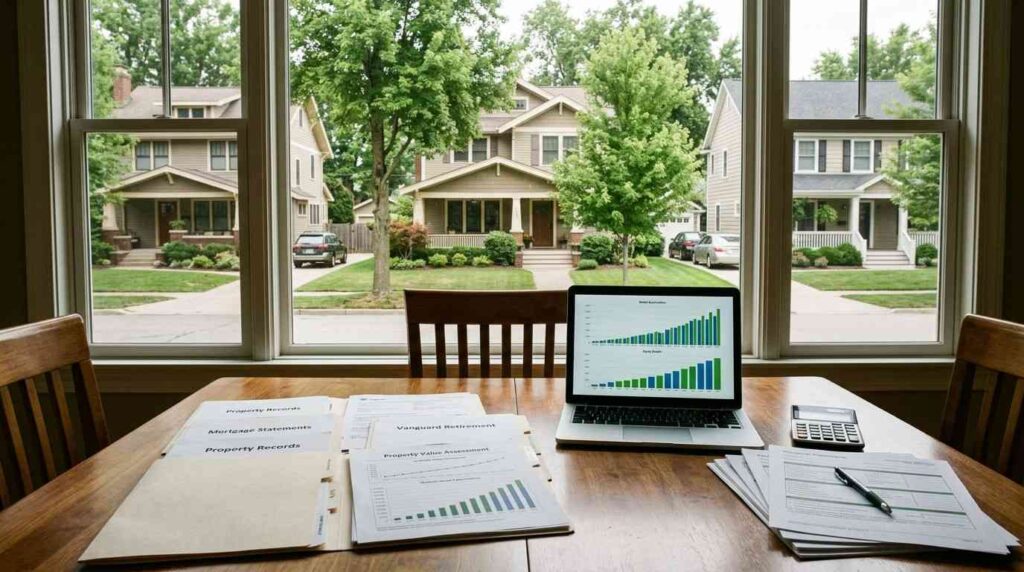 Middle-class suburban homes and financial planning documents representing long-term wealth building through homeownership, real estate appreciation, mortgage payoff, and disciplined financial management.