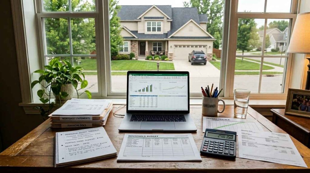 Middle-class suburban home with mortgage documents, budgeting tools, calculator, and financial planning materials on a table, representing strategies for paying off a home loan faster through disciplined money management.