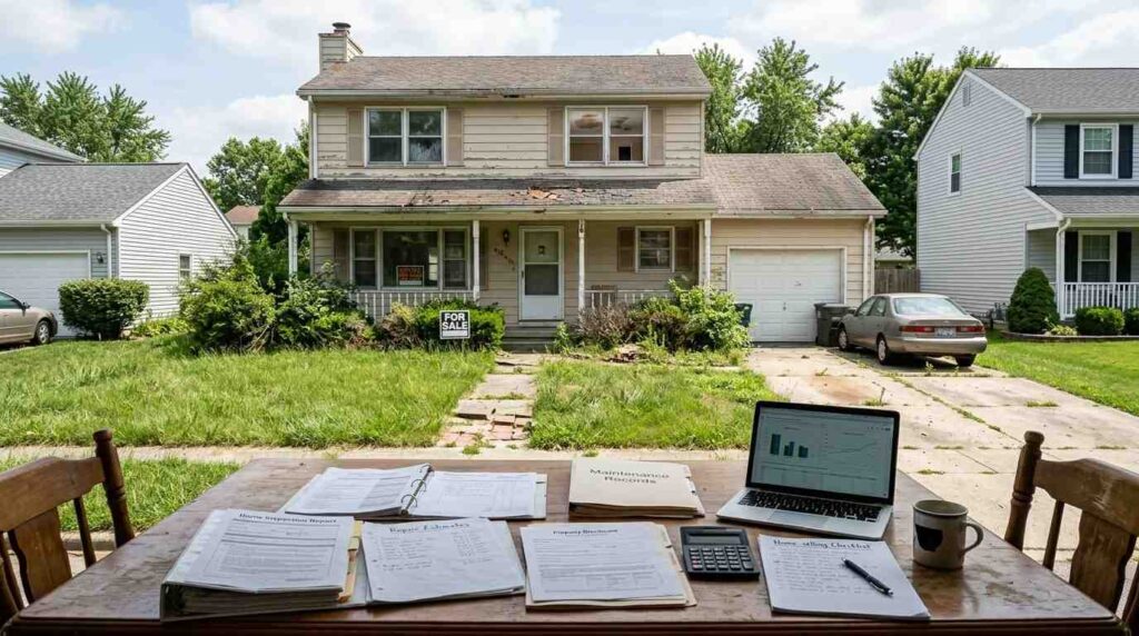 Suburban home with poor curb appeal, cluttered interiors, maintenance issues, aging exterior features, and property documents, illustrating common red flags that can discourage buyers and make a house harder to sell.