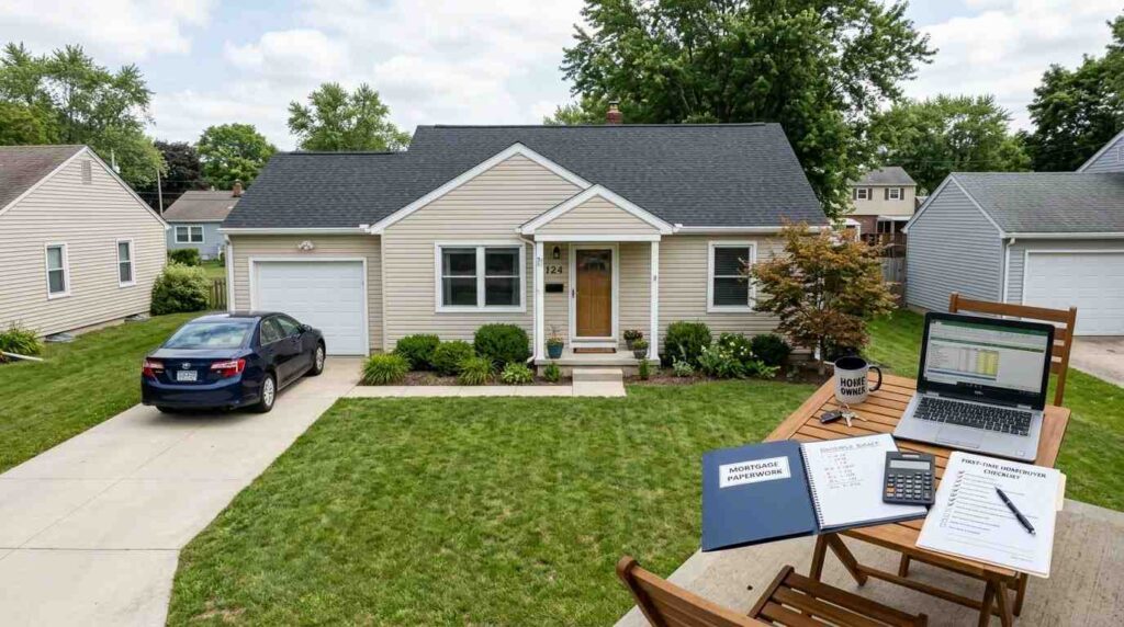 Affordable suburban starter home with mortgage planning documents, budgeting tools, and realistic middle-class neighborhood surroundings, representing the challenge of buying a $200,000 house on a $50,000 salary.