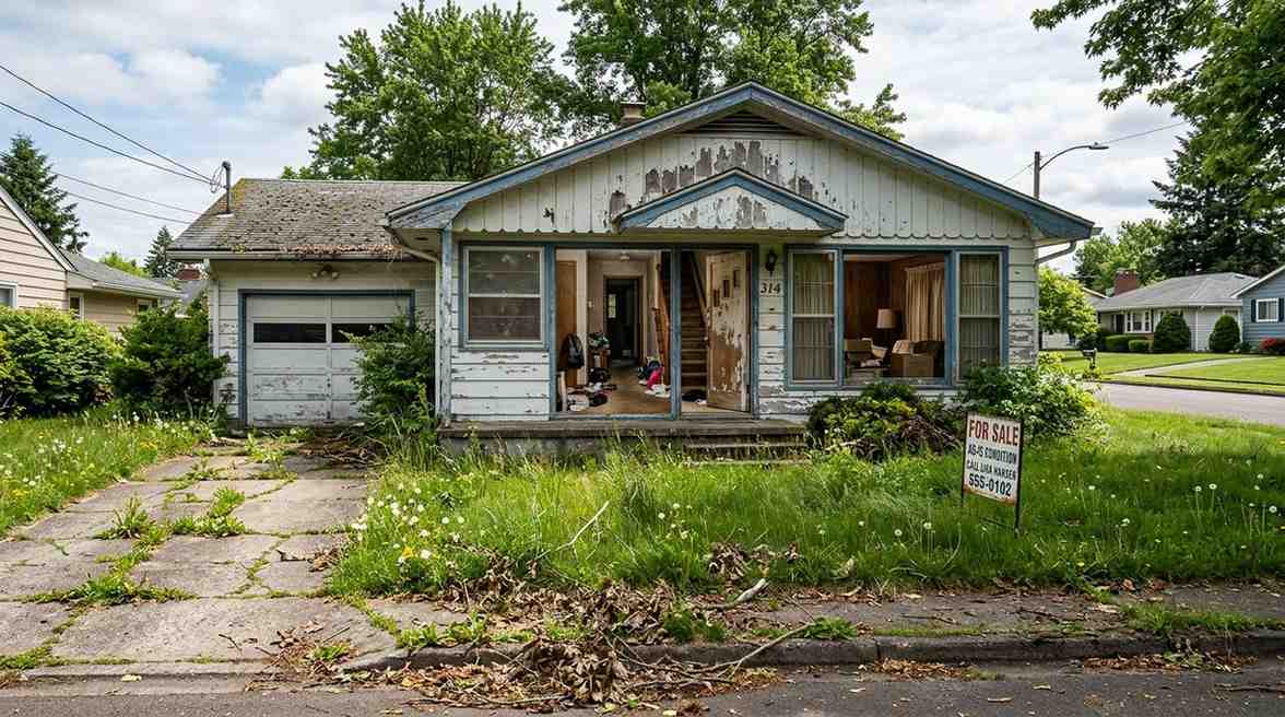 Suburban home struggling to sell due to poor curb appeal, cluttered interiors, deferred maintenance, outdated finishes, and presentation issues that make the property less attractive to buyers.