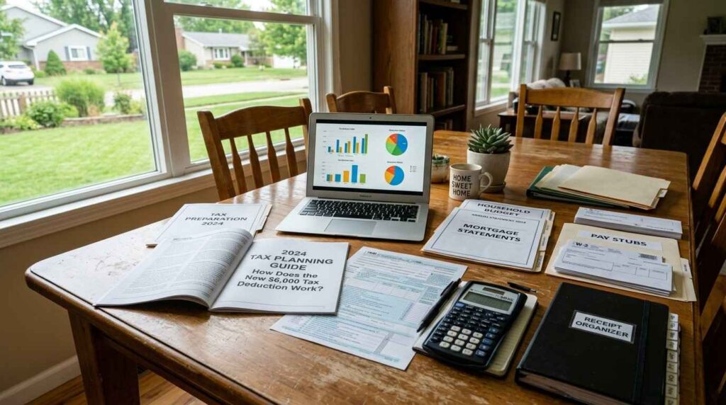 Home office with tax documents, budgeting materials, calculator, laptop, and household financial records, illustrating personal tax planning and understanding a new tax deduction.