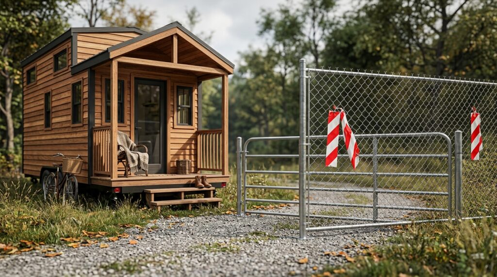 Tiny house on wheels beside a fenced gate in a rural setting.
