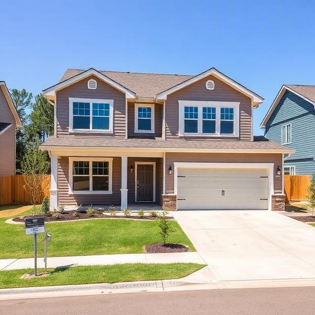 Fully completed suburban home ready for occupancy with finished landscaping, driveway, roofing, interior finishes, utilities connected, safety systems installed, and all construction work completed before homeowner move-in.