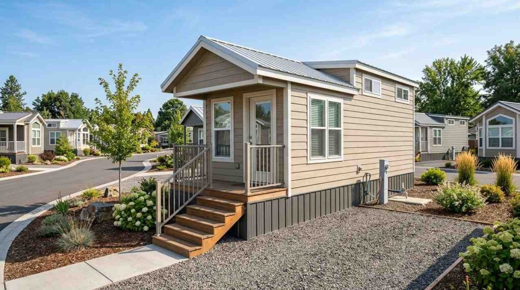Park model home in a planned resort-style community featuring a covered front porch, landscaped surroundings, utility hookups, and neighboring compact homes along a paved private road, illustrating a small-footprint residential living environment.