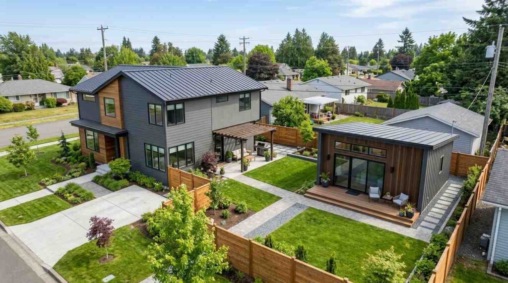 Modern two-story home with a detached backyard ADU, landscaped yard, patio area, and fenced property viewed from above.
