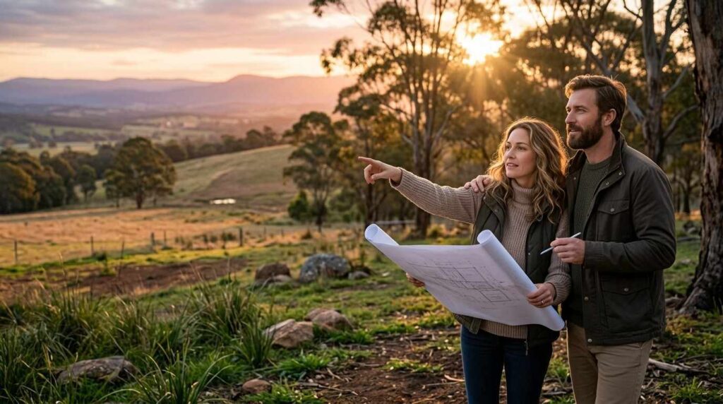 Couple reviewing house plans on a rural property at sunset.