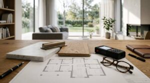 Architectural plans and measuring tools on a workbench inside a modern timber-and-glass home under construction.