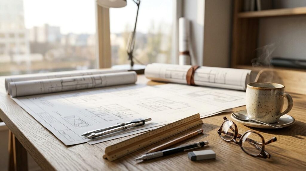 Architectural blueprints, drafting tools, glasses, and a coffee cup on a workspace desk near a window.