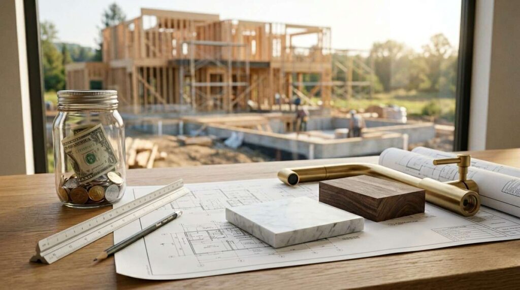Home construction budget planning with architectural blueprints, material samples, fixtures, and savings jar overlooking a residential building site.