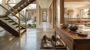 Spacious multigenerational home entryway with shoes, keys, and open living areas connected by a central hallway.